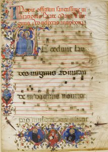 Manuscriptblad met de Visitatie in een Initiaal A en Kardinaal Adam Easton..., ca. 1400 door Unbekannt