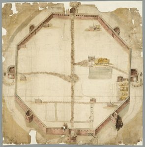 Kaart uit 1530 met de geplande maar nooit uitgevoerde muren van Den Haag, Nederland