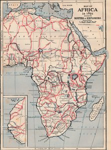 Kaart van Afrika in 1891 met routes van ontdekkingsreizigers door Unbekannt