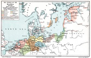 Kaart van de omvang van de Hanze rond 1400 door Unbekannt