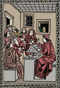 Meester met zijn studenten. Christoforo Landino, 1492 door Unbekannt