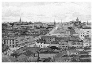 Melbourne kijkend naar het oosten, Victoria, Australië, 1886