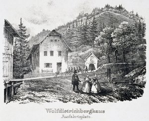 Zoutmijn: Het Wolfdietrich-gebouw en de uitgang van de mijn, in Durrnberg, Oostenrijk door Unbekannt