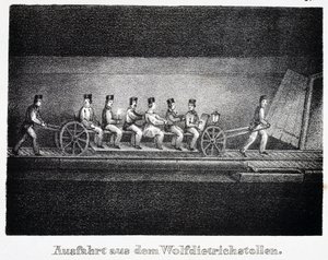 Zoutmijn: transport in de Wolfdietrich-tunnel, Durrnberg, Oostenrijk