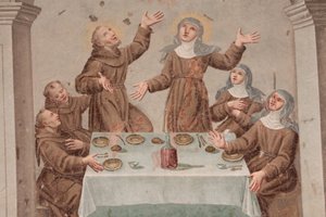 Klooster van Saorge 18e-eeuws fresco dat het leven van Sint Franciscus van Assisi uitbeeldt, Saorge, Frankrijk
