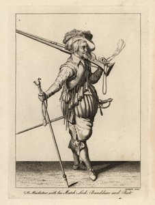 Musketier met zijn lontslot, bandeliers en musketrust