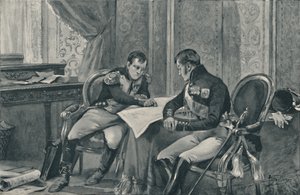 Napoleon en Alexander bij Tilsit bestuderen de kaart van Europa, 1807, 1896 door Unbekannt