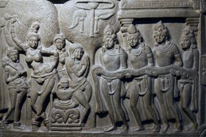 Nationaal museum van India, Delhi. Scènes uit het leven van Boeddha. Ikshvaku, 3e eeuw n.Chr. Nagarjunakonda, Andhra Pradesh. Grijsachtige kalksteen. Detail. India. door Unbekannt