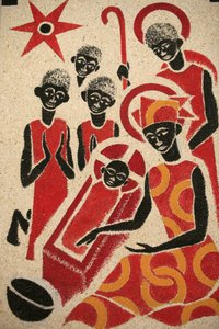 De geboorte. De fresco in de Keur Moussa abdijkerk werd ontworpen en geschilderd in 1963 door Dom Georges Saget, Keur Moussa, Senegal