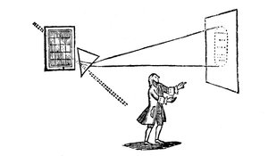Newtons experiment waarbij wit licht wordt gesplitst in de kleuren van het spectrum door een prisma, 1757 door Unbekannt
