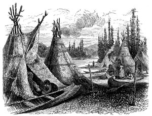 Noord-Amerikaanse Cree-indianennederzetting in de zomer, 1874