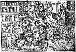 Operatie aan het hoofd van een man. Uit: Die große Wundarzney door Theophrastus Bombastus von Hohenheim, 1562