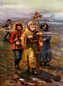 Orthodoxe priester zegent de grond, Rusland door Unbekannt