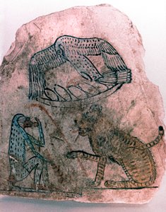 Ostracon Fragment, Cheetah, Vogel en Aap, Egypte door Unbekannt