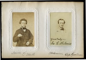 Pagina vijftien van het album met een halflang portret van Eli Smith (links) en een busteportret van George C. Thilenius (rechts). Smith van Worth en Thilenius, Cape Girardeau (geschreven op albumpagina). Smith was een afgevaardigde uit Worth County (12e s
