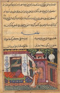 Pagina uit Verhalen van een papegaai Tuti-nama: Elfde nacht: De papegaai spreekt Khujasta toe..., ca. 1560 door Unbekannt