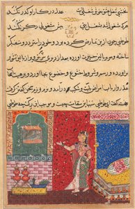 Pagina uit Verhalen van een papegaai Tuti-nama: Vijftiende nacht: De papegaai spreekt Khujasta toe..., 1558-156