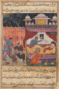 Pagina uit Verhalen van een Papegaai Tuti-nama: Vijfde nacht: De aap gedood, zijn bloed..., ca. 1560 door Unbekannt