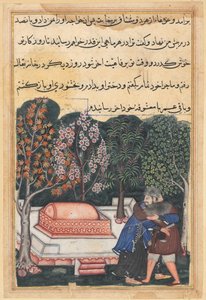 Pagina uit Verhalen van een papegaai Tuti-nama: Achtenveertigste nacht: De jonge man van Bagdad..., ca. 1560