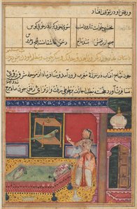 Pagina uit Verhalen van een Papegaai Tuti-nama: Zesde nacht: De papegaai spreekt Khujasta aan..., ca. 1560