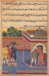 Pagina uit Verhalen van een Papegaai Tuti-nama: Tweeëndertigste nacht: Khurshid herenigd..., c. 1560 door Unbekannt