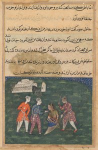 Pagina uit Verhalen van een papegaai Tuti-nama: Twintigste nacht: De derde vrijer slaat..., ca. 1560 door Unbekannt