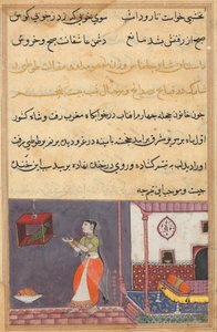Pagina uit Verhalen van een papegaai Tuti-nama: Vijfentwintigste nacht: De papegaai spreekt Khujasta toe, c1560 door Unbekannt