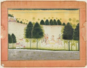 Pagina uit een Bhagavata Purana: Nanda en de oudsten in overleg met de gopas, ca. 1690-1700
