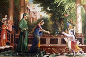 Schilderij in Bhaktivedanta Manor dat jonge Krishna toont die naar Moeder Yasoda en Nanda Maharaj (zijn pleegouders) rent. Watford, Verenigd Koninkrijk door Unbekannt