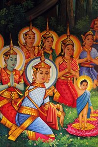 Schilderij dat de verjaardag van Boeddha (Wesak) uitbeeldt in Wat Than, Phnom Penh, Cambodja door Unbekannt