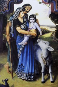 Schilderij van hindoegod Krishna als baby met zijn pleegouders Yashoda & Nanda. India