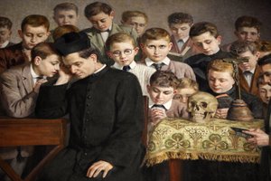 Schilderij dat het leven van Don Bosco uitbeeldt in Santuario di Maria Ausiliatrice, Valdocco, Turijn, Italië