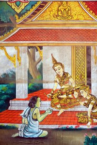 Schilderij dat het levensverhaal van Shakyamuni Boeddha afbeeldt, Wat Naxai, Vientiane, Laos