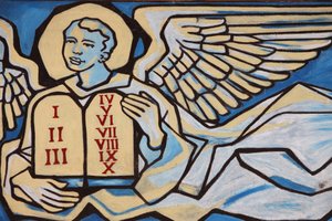 Schilderij in Onze-Lieve-Vrouw van Togo kerk: Engel die de tafelen van de wet vasthoudt, Togoville, Togo