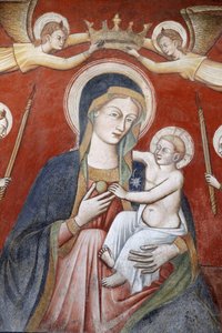 Schilderij in de basiliek van Santa Caterina, Galatina, Apulië: Engelen kronen Maria met Jezus, Galatina, Italië