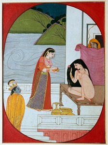 Schilderij van de god Khrishna die Radha bij haar bad bekijkt, 19e eeuw
