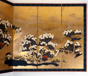 Paar schermen met 6 panelen met gouden achtergrond, Edo-periode, Japans door Unbekannt