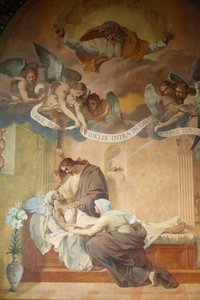 Saint-Francois-Xavier kerk schilderij: De dood van Sint Jozef door Henri Pinta (1915), Parijs, Frankrijk