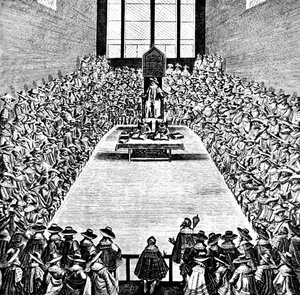 Parlement in zitting tijdens het bewind van James I, begin 17e eeuw, c1902-1905