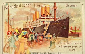 Passagiers gaan aan boord van de gigantische SS Kaiser Wilhelm II in Bremerhaven, 1905 door Unbekannt
