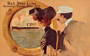Passagiers kijken door het patrijspoort aan boord van een Red Star oceaanstomer, ca. 1900