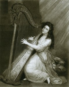 Pedalenharp met haakactie, gekleurde gravure uit het einde van de achttiende eeuw, 1948