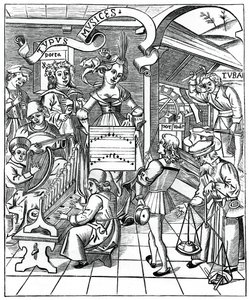 Personificatie van muziek, met de hulpkrachten, de dichter en muzikanten, 1508 door Unbekannt