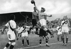 Peruaans Olympisch voetbalteam in actie, Olympische Spelen van Berlijn, 1936