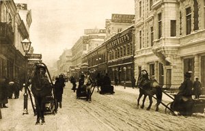 Petrovka-straat in de winter, Moskou, Rusland, 1912
