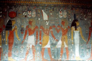 Farao Horemheb met de godin Isis en de god Horus, Oud-Egyptisch, 14e eeuw v.Chr. door Unbekannt