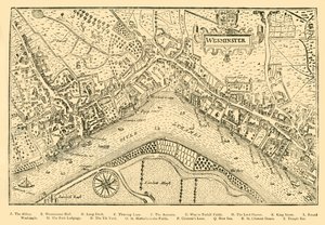 Plan van Westminster. Uit Nordens Survey, genomen in het bewind van koningin Elizabeth, 1593, 1881 door Unbekannt