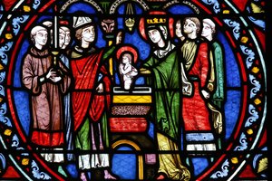 Poissy collegiale kerk. Glas-in-loodraam. Doop van Saint Louis, Poissy, Frankrijk door Unbekannt