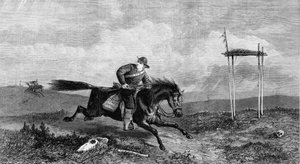 Pony Express-rijder die vijandig gebied doorkruist, achtervolgd door indianen, 1861