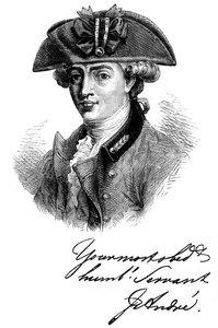 Portret en handtekening van majoor John Andre, 18e-eeuwse Britse soldaat en spion, ca. 1880